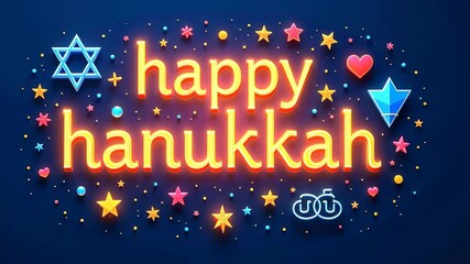 Bright neon ""happy hanukkah"" greeting with star of david and colorful decorations for hanukkah celebration - Powered by Adobe