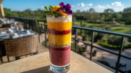 A Colorful Mocktail Served in a Glass with Layers of Mango, Coconut, and Passion Fruit Juices, Topped with a Tropical Flower Garnish, Set Against a Bright Blue Sky on a Sunlit Patio