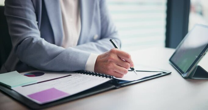 Business woman, hands and sign paperwork, contract or filling application form or financial agreement in Japan. Pen, document and writing signature for investment deal, terms and conditions in office