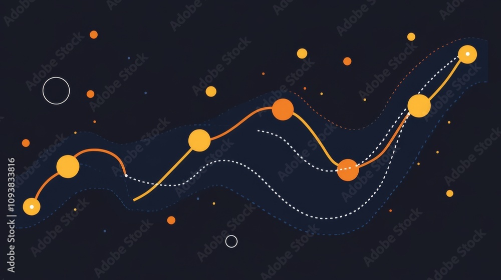Poster abstract data visualization with orange and yellow dots on a dark background for business and techno