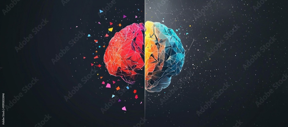 Poster colorful brain illustration split into two halves representing creativity and logic. vivid colors sh