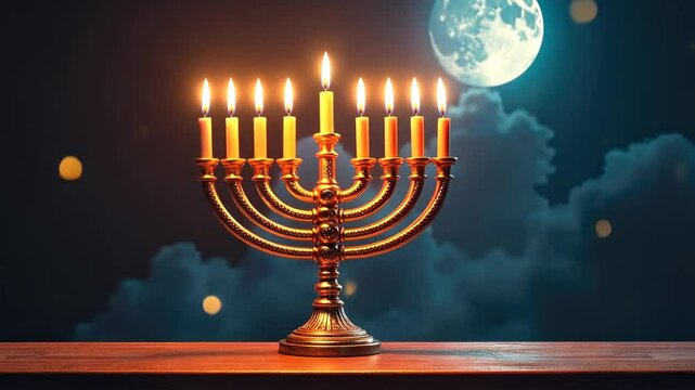 Golden menorah with lit candles on wooden table against night sky and full moon celebrating hanukkah tradition
