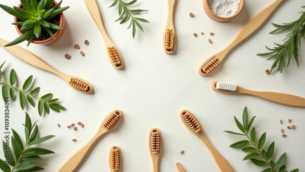 Poster the image shows a flat lay of wooden toothbrushes arranged in a circular pattern on a white backgrou