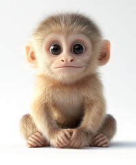 A cartoon baby capuchin monkey is sitting and looking at the camera. On white background.