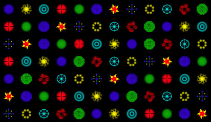 Multicolored background consisting of various elements.
A large number of bright elements are arranged in rows on a black background.