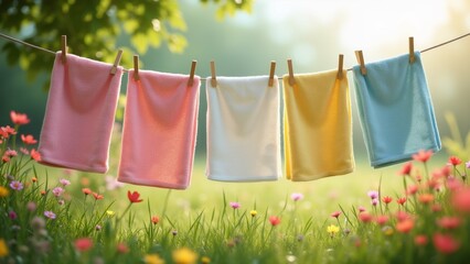 The image shows four colorful towels hanging on a clothesline with clothespins. The towels are in different colors - pink, orange, yellow, and blue.
