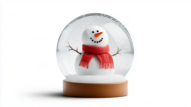 charming snow globe featuring snowman with red scarf, surrounded by falling snowflakes. This festive decoration evokes joyful winter spirit.