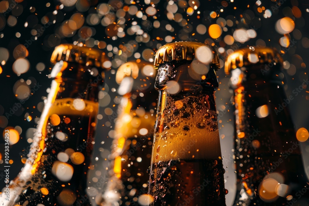 Poster ice cold beer bottles getting splashed with water, creating a refreshing and celebratory atmosphere