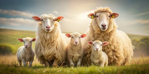 Fototapeta premium Charming Vintage Style Photography of Ewe Sheep Family on White Background with Soft Lighting and Pastel Tones, Perfect for Farm-Themed Decor or Educational Materials