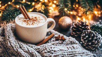 A Festive White Cup of Creamy Eggnog Topped with Nutmeg and a Cinnamon Stick on Grey Warm Knitwear, Placed on a Table Adorned with Christmas Decorations, Like Pinecones and Fairy Lights