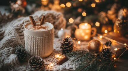 A Festive White Cup with Knitwear Holder, of Creamy Eggnog Topped with Nutmeg and a Cinnamon Stick on Grey Warm Knitwear, Placed on a Table with Christmas Decorations, Pinecones and Fairy lights