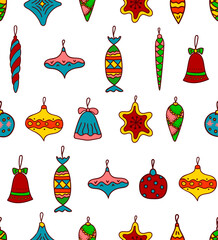 Hand drawn Merry Christmas and Happy New Year seamless pattern with fir tree decorations of different shapes and colors. Doodle cartoon elements, balls, toys, baubles. Holiday textile design.