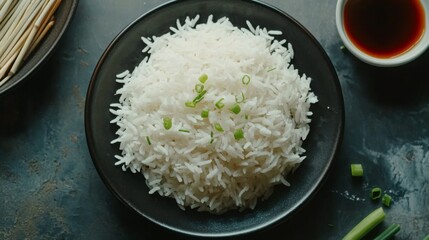 Steaming White Rice Served in Black Bowl with Fresh Green Onion Garnish on Dark Canvas Background Ideal for Asian Cuisine and Healthy Meal Concepts