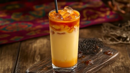 A Creamy Thai Iced Tea with Distinct Orange Layers, Served in a Tall Glass with Ice Cubes and a Straw, Placed on a Rustic Table with a Thai-Inspired Background of Colorful Patterns