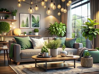 Chic and Green Modern Living Room with Elegant Plant Decor and Stylish Accents in a Cozy Atmosphere Featuring a Beautiful Bokeh Effect for an Inviting Home Aesthetic