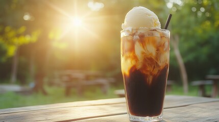 A Delicious Iced Coffee Topped with a Scoop of Vanilla Ice Cream, Served in a Tall Glass, Placed on a Wooden Table, with Soft Sunlight Illuminating the Scene from the Side and Greenery