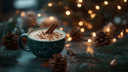 A Festive Green Cup of Creamy Eggnog Topped with Nutmeg and a Cinnamon Stick, Placed on a Table Adorned with Christmas Decorations, Like Pinecones and Fairy Lights