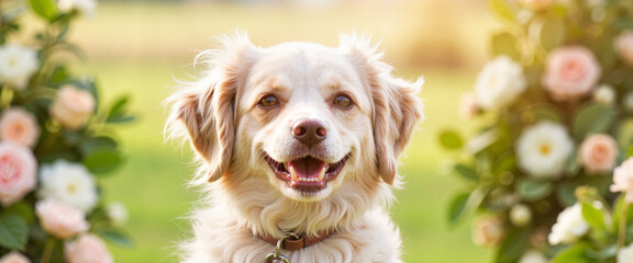 Joyful Maltese dog with floral hairstyle in garden, wedding charm