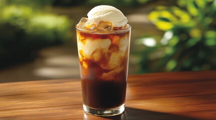A Delicious Iced Coffee Topped with a Scoop of Vanilla Ice Cream, Served in a Tall Glass, Placed on a Wooden Table, with Soft Natural Light