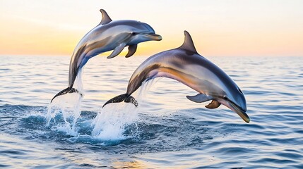 Fototapeta premium A Pod of Dolphins Leaping Out of the Tranquil Ocean at Sunset with Glowing Golden Reflections
