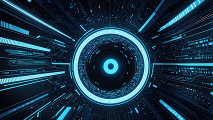 Futuristic digital tunnel with glowing blue circuit board and central circle.