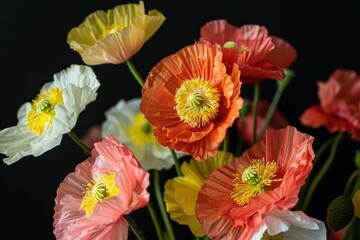 Vibrant blooming flowers in various colors, showcasing delicate petals and intricate details against a dark background. Nature and beauty concept.