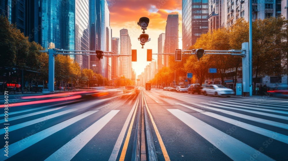 Poster urban intersection at sunset with traffic lights and modern skyscrapers creating a dynamic cityscape
