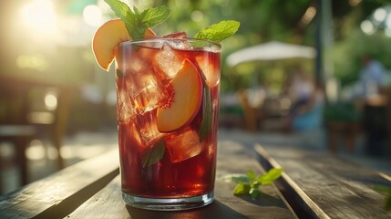 A glass of iced black tea with slices of fresh peach and a sprig of mint, served over ice in a tall glass. The drink is set on a rustic wooden table outdoors, with soft sunlight illuminating the scene
