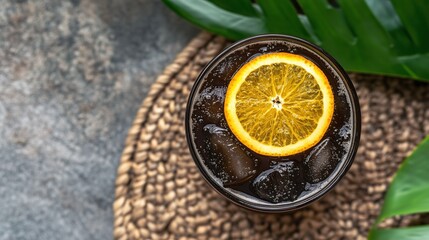 Top View of a Glass of Cold Brew Coffee with a Few Ice Cubes and a Slice of Orange as Garnish, Placed on a Natural Stone Table, Lit by Soft Natural Light, with a Relaxed Outdoor Garden