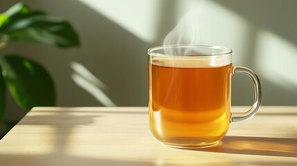 A freshly brewed cup of tea on a sunlit table, steam visible against the gentle sunlight, tea sunlight, home tranquility