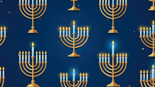 Golden menorahs with flickering candles on blue background during hanukkah festival of lights
