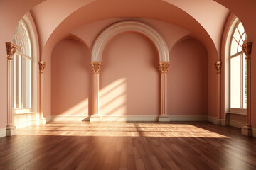 Fototapeta premium Empty room interior with arch entrance. Modern living room in beige tones, . 