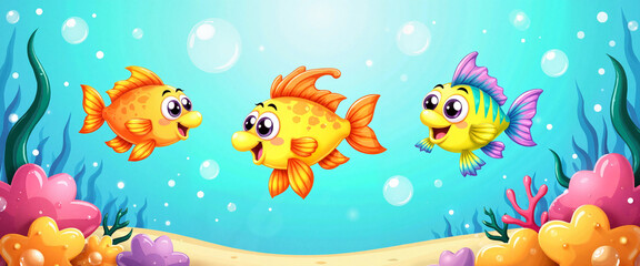 Fototapeta premium Colorful cartoon fish swim in vibrant underwater scene, childlike joy