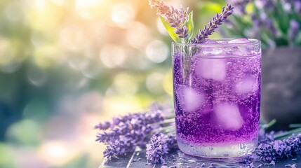 A glass of lavender-infused sparkling lemonade, garnished with sprigs of fresh lavender. The drink is set on an elegant table outdoors with scattered lavenders, with sunlight casting soft purple hues 