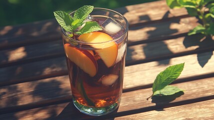 A glass of iced black tea with slices of fresh peach and a sprig of mint, served over ice in a tall glass. The drink is set on a rustic wooden table with mint leaves scattered, outdoors, with soft sun