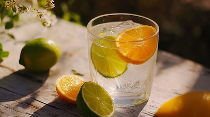 A glass of sparkling water with slices of lemon, lime, and orange, placed on a weathered wooden table. The drink is illuminated by soft natural light, with lime slices scattered around