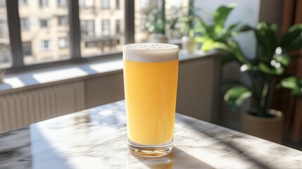 Refreshing Glass of Light Beer on Marble Table with Natural Light and Indoor Plants in Background, Perfect for Caf&eacute; or Home Bar Setting