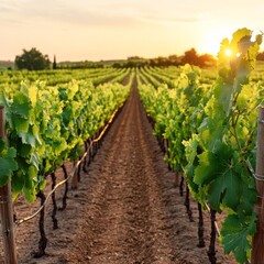 Obraz premium A lush vineyard under moderate sunlight, rows of grapevines glowing with natural vibrance, vineyard sunlight, cultivated beauty