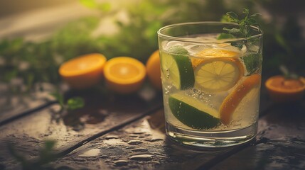 A glass of sparkling water with slices of lemon, lime, and orange, placed on a weathered wooden table. The drink is illuminated by soft natural light, creating a refreshing and vibrant atmosphere
