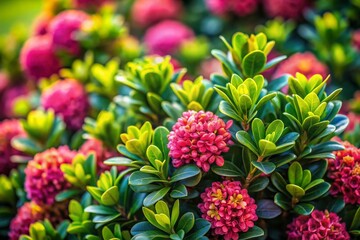 Close-Up Macro Photography of Vibrant Flowering Boxwood Bushes in Springtime, Showcasing Lush Green Foliage and Colorful Blooms Under Natural Light Conditions