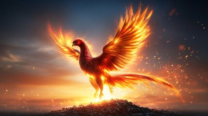 Obraz premium Majestic Fiery Phoenix Rising from Ashes in Dramatic Sunset Sky