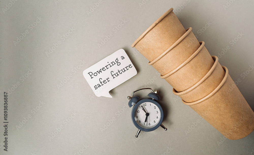 Poster clock sits on a table next to a stack of paper cups