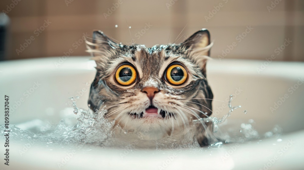 Poster surprised cat in bathtub creating splashes, wide-eyed expression capturing a moment of pure curiosit