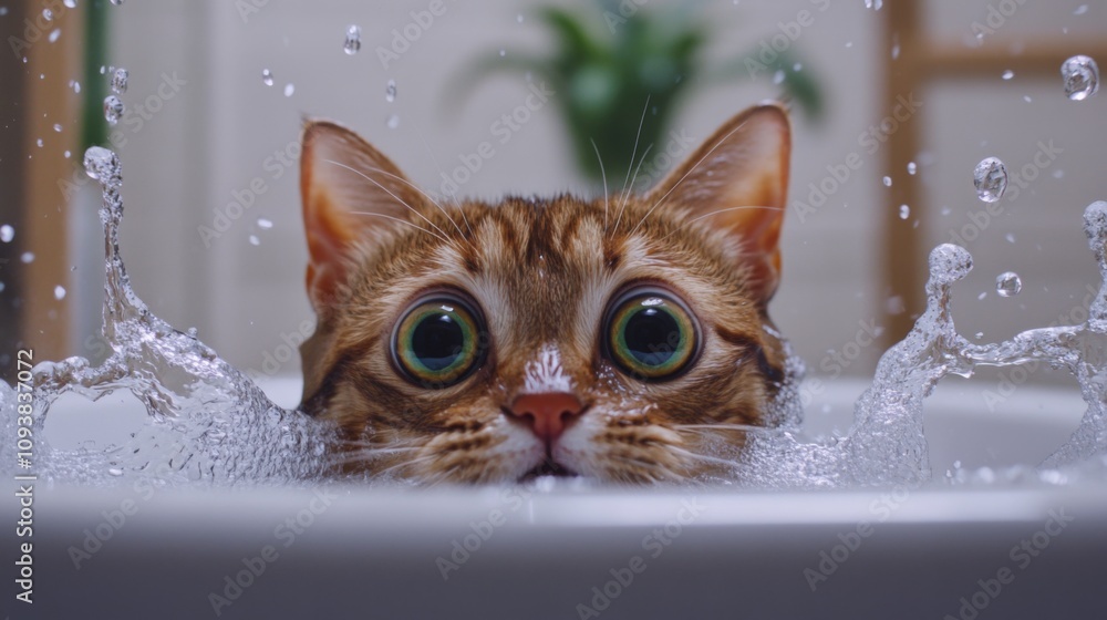Poster adorable cat with giant eyes playfully splashing in water, creating bubbles and ripples in a serene 