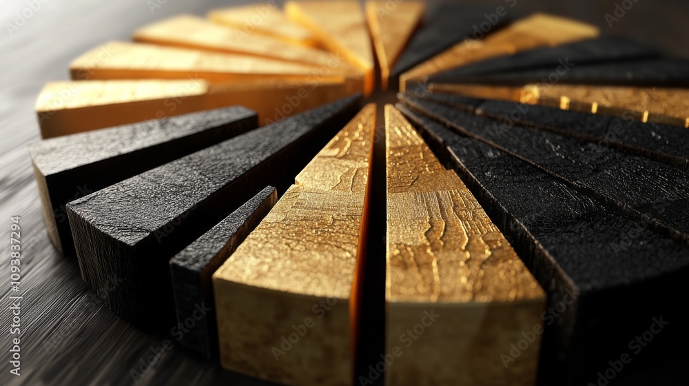 Aufkleber Elegant Arrangement of Golden and Black Wooden Segments on a Textured Surface Showcasing Unique Patterns and Color Contrasts for Creative Design Projects