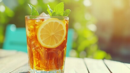 A glass of iced lemon tea served in a clear glass, with ice cubes and a lemon slice garnish. The drink is bathed in warm sunlight, creating a refreshing and vibrant scene