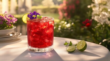 A refreshing glass of hibiscus iced tea with a bright red hue, garnished with edible flowers and lime. The drink is served on a white tablecloth with lime slices beside it at a calm garden 