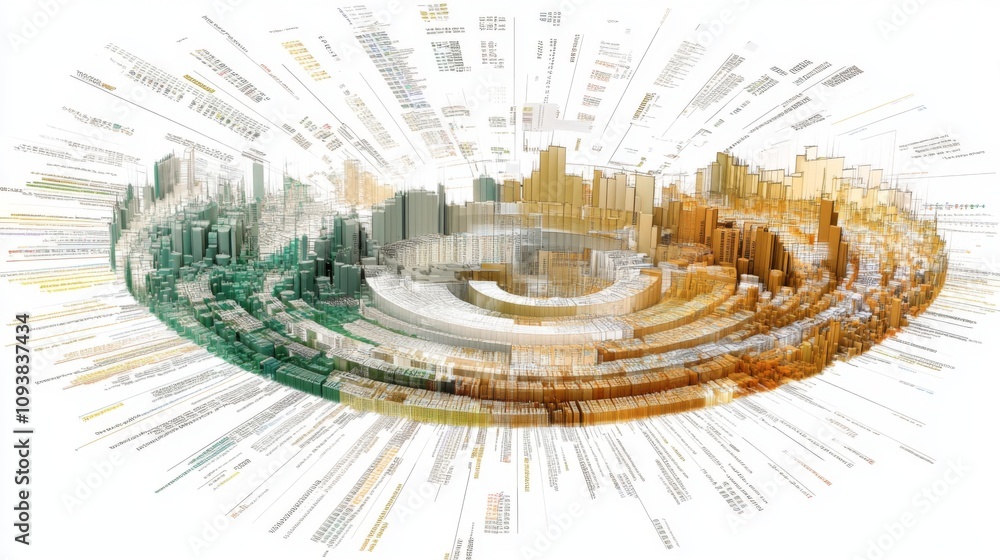 Poster abstract visualization of urban data represented in circular graph format showcasing buildings, stat