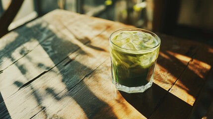 A refreshing iced matcha latte with a beautiful green swirl of matcha and milk, served in a glass over ice. The drink sits on a minimalist wooden table, with sunlight filtering through an open window 