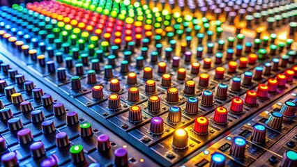 Fototapeta premium Closeup of a Colorful Audio Mixing Board Highlighting Knobs and Sliders, Showcasing the Intricacies of Music Production Technology and Sound Engineering in an Engaging Aerial View